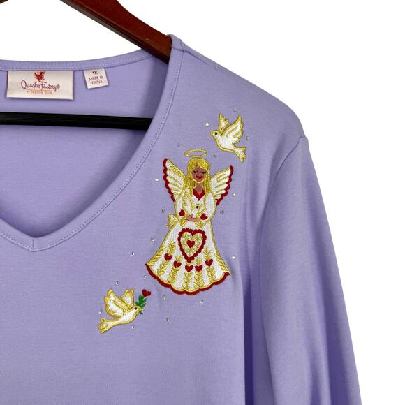 NEW NWOT Quacker Factory Plus Size 1X Purple Angels Christmas Blouse Shirt Top - Picture 3 of 6